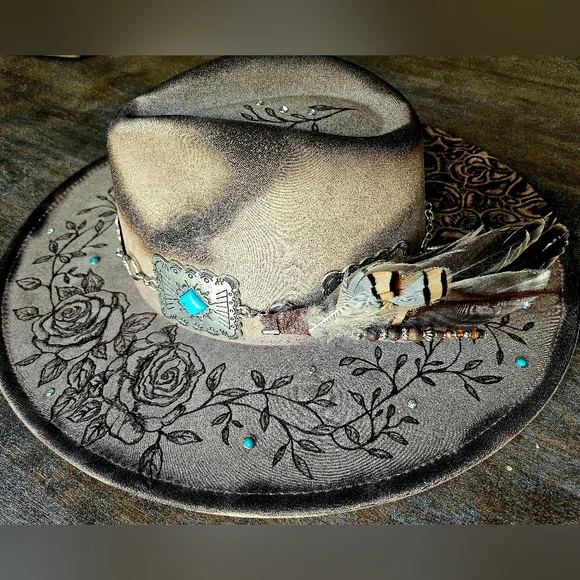NWT Mocha Hand burned and leather fedora cowboy hat - www  display picture 3